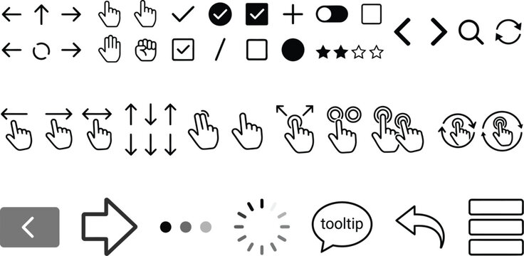cursor gesture icon set with arrows check marks buttons loading tooltip and navigation symbols for web interface design