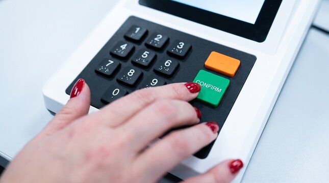 Woman's hand with red nails pressing the confirm button on a voting machine. Brazil's electronic voting machine. Elections in Brazil.