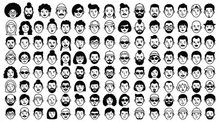 Fototapeta premium Diverse Faces Set, Cartoon Character Heads, Monochromatic Illustration, Vector Graphic Design, Crowd Iconography