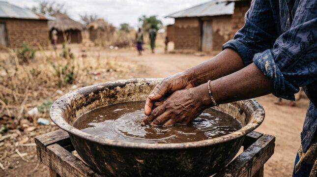 African woman washing hands in basin of dirty brown water in rural village. Poverty and lack of clean drinking water in developing country.