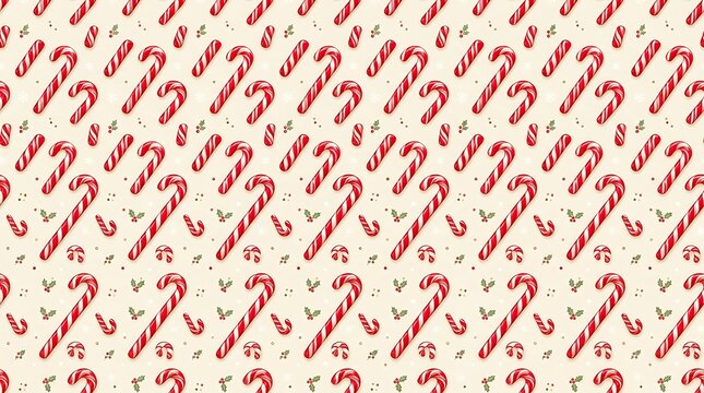 Candy cane sweet striped pattern with festive holly leaves on light cream surface.