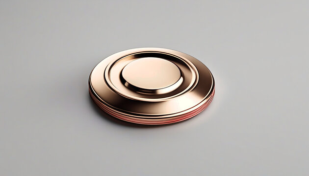 Minimalist bronze eject button flat lay on white studio tabletop with generous copy space