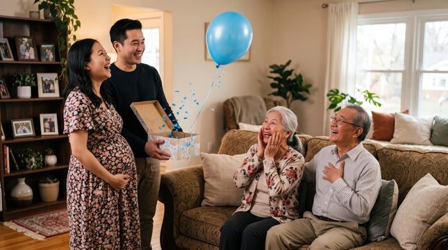 Pregnant woman and man opening box with blue balloon while senior grandparents react with joy at home. Happy Asian family celebrating gender reveal party in cozy living room.