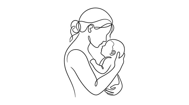Minimalist continuous single line art of a mother holding her newborn baby gently with minimalist continuous maternity
