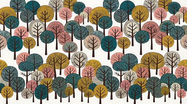 Seamless pattern of stylized trees with textured circular crowns in teal, mustard yellow, and dusty pink on a white background