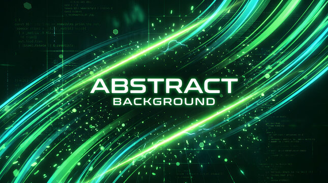Abstract Energetic Swirls: Dynamic, glowing green and blue light trails swirl across a dark background, conveying motion and energy, with subtle digital elements and particles adding depth.