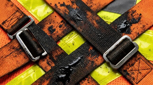 Close up of tangled orange and black safety straps with metallic buckles and reflective yellow material