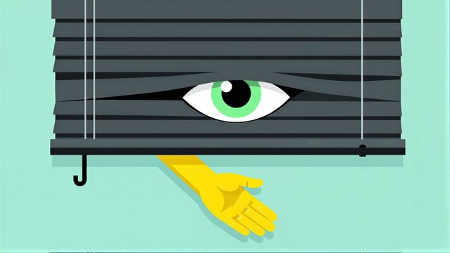 A hand covering a person's eye with a dark striped blindfold