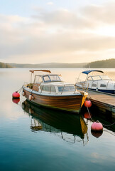 Fototapeta premium Leisure travel and summer vacation, wooden motorboat moored at a wooden pier on a calm lake during a peaceful sunrise with soft morning light and mist