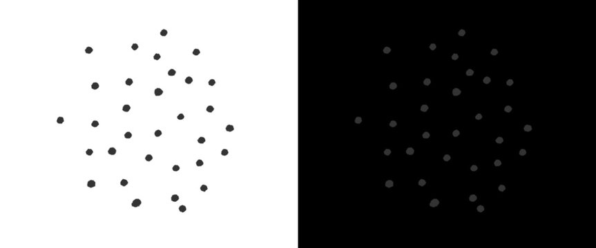Minimalist black and white polka dot pattern, scattered circular grain texture, abstract monochrome stipple effect for graphic design