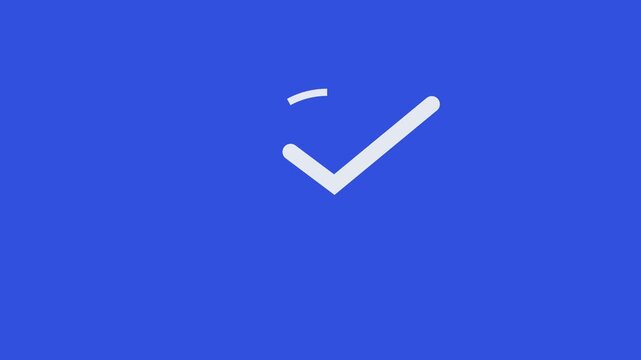 Minimalist animated checkmark loading circle icon on blue background, motion animation desi