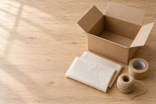 Small business packaging workstation with cardboard box and copy space