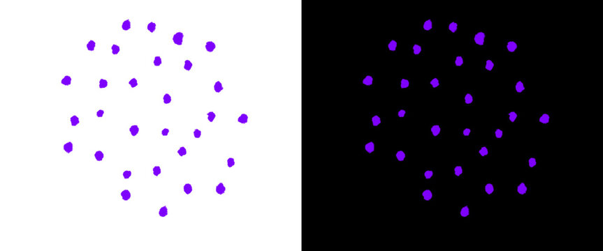 Purple hand drawn dots on white and black background, minimalist polka dot pattern set, organic circular ink spots for graphic design