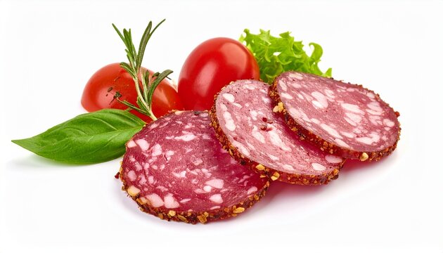 sliced cured meat salami sausage with fresh cherry tomatoes herbs