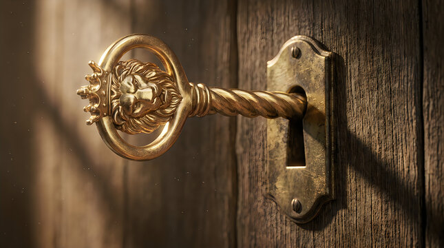 Antique ornate door handle and keyhole on a weathered wooden door close up