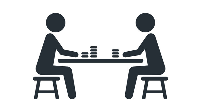 Minimalist vector illustration showing two people sitting at a table playing a competitive board game