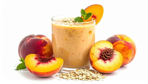 healthy peach oat smoothie beverage in glass with fresh slices