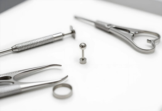 Body piercing and professional modification, surgical steel jewelry with sterile medical tools for safe procedure on a clean white background