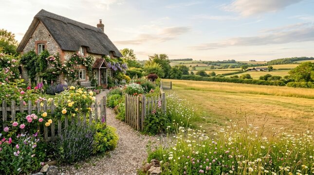 A charming thatched cottage nestles amidst a vibrant, rolling landscape. The cottage features a steeply pitched roof, adorned with traditional grass thatch.