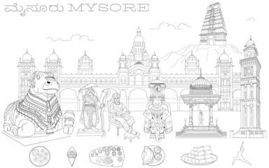 Obraz premium Mysore City Landmark Line Art Illustration Featuring Mysore Palace and Cultural Heritage Monuments, Mysore Dasara, Hand Drawn in Thin Line Style