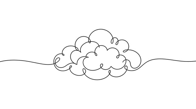 Continuous single line drawing of a fluffy cloud in the sky with continuous minimalist monochrome isolated background