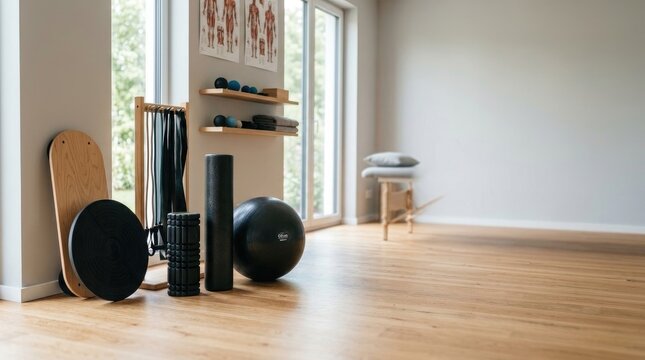 A person is performing Pilates on a wooden board in a bright, airy home gym. A black yoga ball, a foam roller, and a black medicine ball are arranged on a shelf.