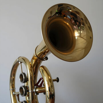 Music education and classical performance, brass instrument mellophone or marching horn with shiny gold finish for orchestra and concert band practice
