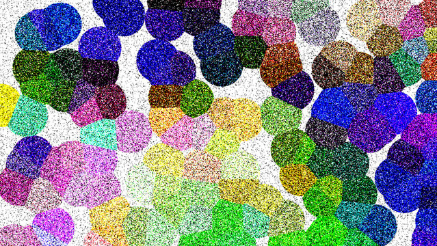 Abstract background with colorful circles and pixelated digital texture patterns