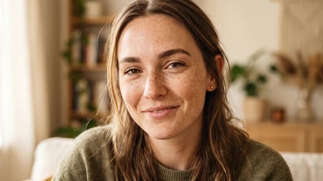 Young woman with freckles smiling indoors during a relaxed sunny day