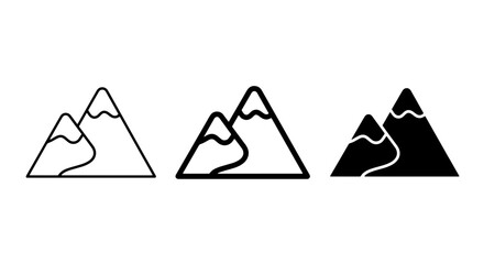 Mountain Icons Set: Snowy Peaks, Outline & Solid Fill Vector Graphics for Nature and Adventure Themes © Niloy