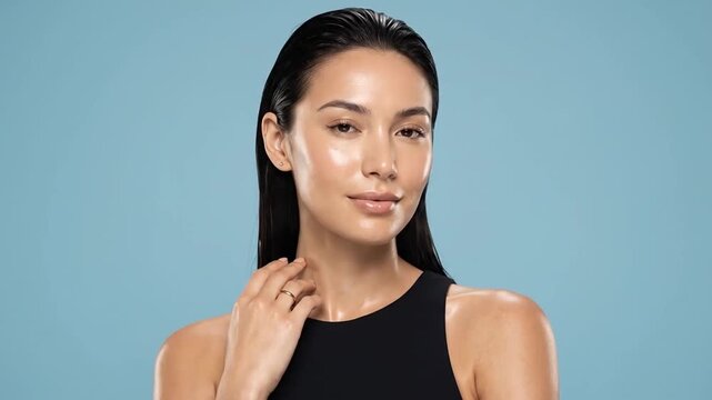 Young Woman with Wet Look Hair and Glowing Skin Posing Against Blue