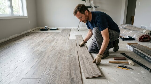A man is installing laminate flooring in a room. He is kneeling and carefully placing a plank of flooring onto the subfloor.