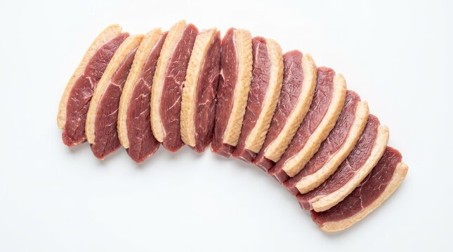 A row of thinly sliced beef, showcasing its marbled texture and rich red color. The slices are arranged in a curved pattern on a white surface.