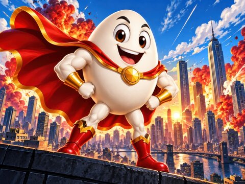 Fr&ouml;hliches Ei als Superheld &uuml;ber moderner Gro&szlig;stadt &ndash; Kreative Comicfigur in Eiform mit rotem Umhang und dynamischer Skyline als humorvolles Symbol f&uuml;r St&auml;rke, Energie, Mut und au&szlig;ergew&ouml;hnliche Ideen.