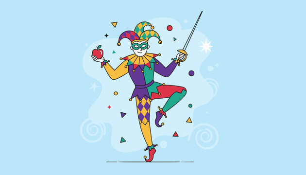 Cheerful medieval court jester in a vibrant colorful costume dancing playfully while holding a red apple and a sword.