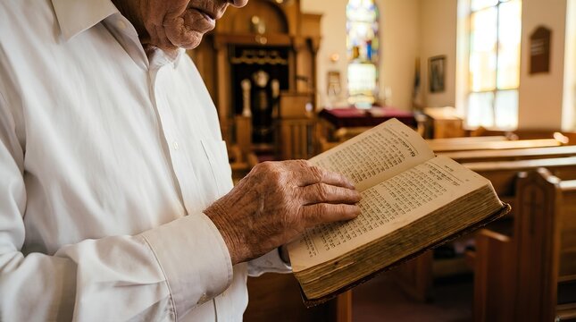 Senior man reading Hebrew prayer book in a synagogue with natural morning light