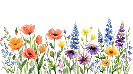 Fototapeta premium Watercolor wildflowers meadow border illustration isolated on black background, hand-drawn summer garden floral edge featuring red poppies, blue delphiniums, purple lupines, and yellow buttercups
