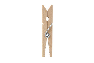 Single wooden clothespin with a metal spring mechanism stands upright against a clean white background © Chinases