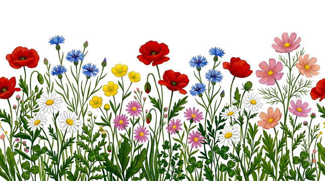 Wildflowers seamless border banner vector illustration isolated on black background, hand-drawn meadow garden horizontal pattern featuring red poppies, blue cornflowers, pink cosmos, yellow buttercups