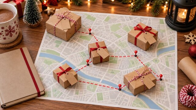 Creative holiday gift mapping with presents on a city map during winter