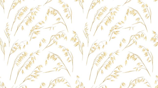 Seamless pattern of watercolor oat sprigs, hand-painted golden cereal grain stalks on a white background, botanical farm harvest