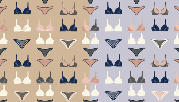 Elegant seamless pattern of female underwear featuring various designs of bras and panties on split background.