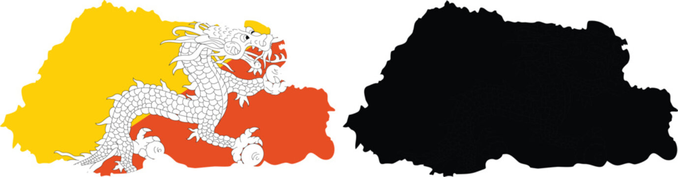 bhutan map flag on map. two different style map. silhouette and outline style.cut for circuit vinyl cut. laser cut. commercial use	
