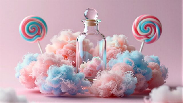 Vibrant rainbow swirl lollipops amidst fluffy pastel clouds