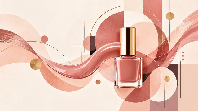 Elegant pink nail polish bottle on a soft blush abstract beauty background with flowing ribbon shapes and generous copy space.