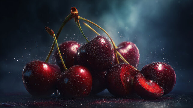 A cluster of whole cherries with a few cut cherries beside them, very fine mist, dark luminous background