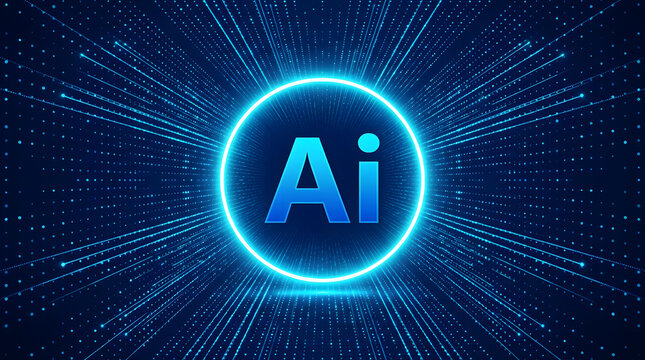 Artificial Intelligence Symbol with Digital Network: A glowing blue neon circle with AI inside, set against a backdrop of a digital network and light rays.