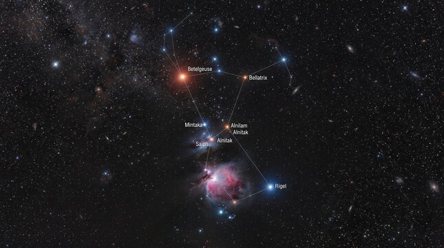 Deep space astrophotography of the Orion constellation with labeled stars and the colorful Orion Nebula