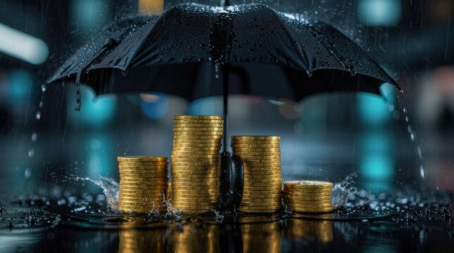 Stacks of gold coins protected under a black umbrella from heavy rainfall on a dark reflective surface at night.