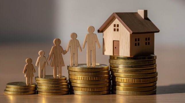 Wooden family figures stand on ascending stacks of coins beside a small wooden house model, symbolizing financial growth and home investment.